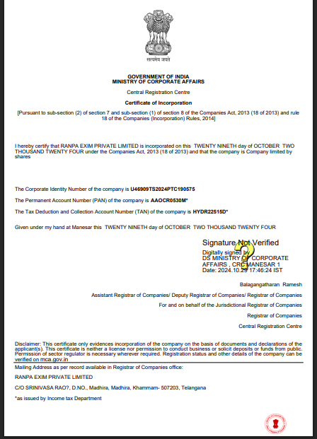 Incorporation Certificate